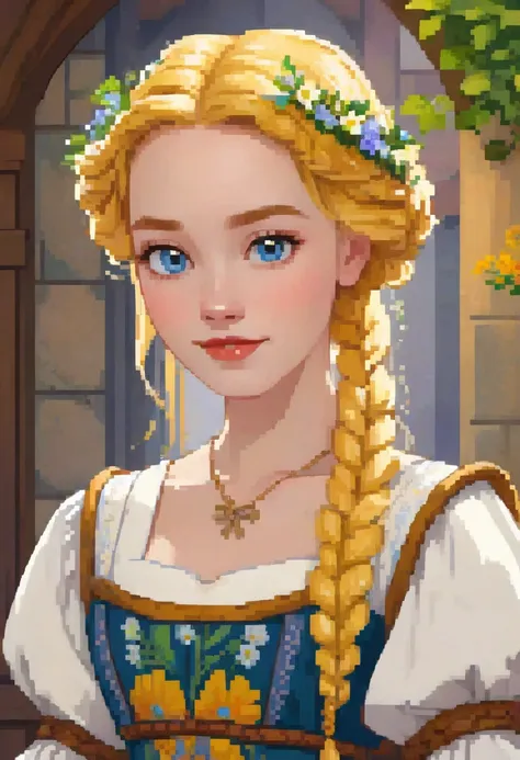 Young girl in a medieval canvas dress.  Skinny.  with big blue eyes .  oval face . Tender and soft.  smiles. Long yellow hair with flowers braided in it