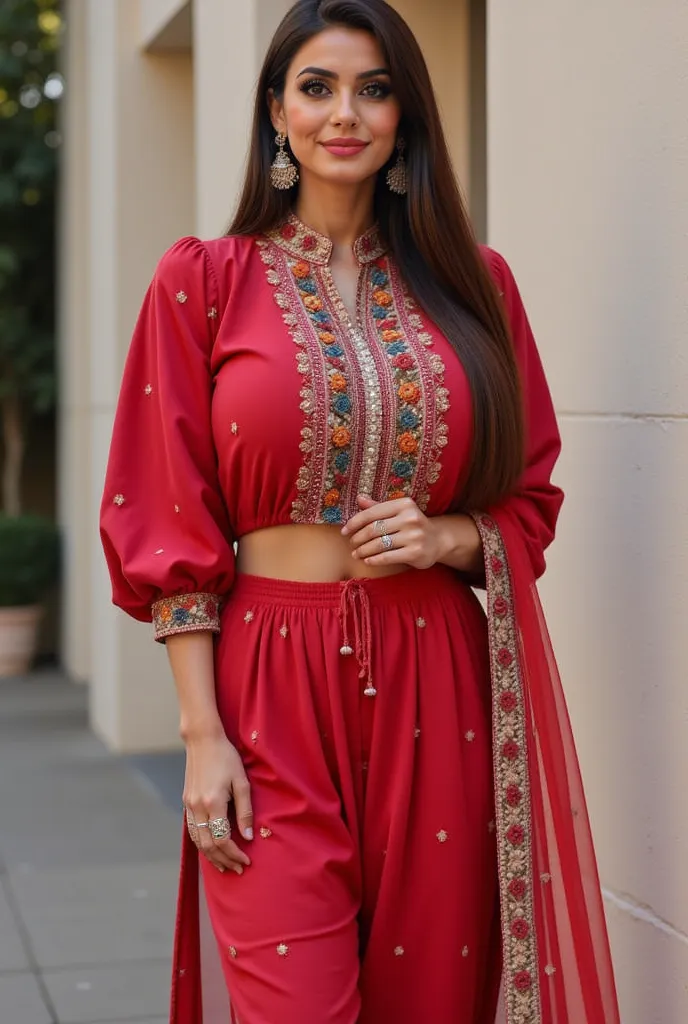 A skinny tall and striking woman exudes confidence and charm with a flirtatious expression. she is adorned in a stunning slimfit PUNJABI STYLE outfit featuring a red blended cotton fabric and multicolor lucknowi border & neck studded with pearls mirrors & ...