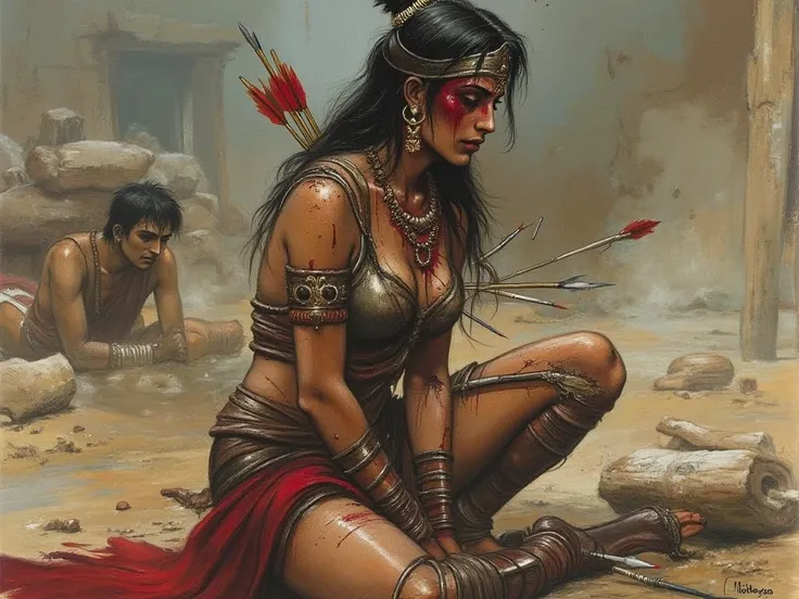 dying female warrior princess in ancient India with multiple arrows plunged in front of her chest , arrows embeded in her chest, arrows sticking in her chest. Sitting down on her knees posture on a battlefield bleeding from her wounds