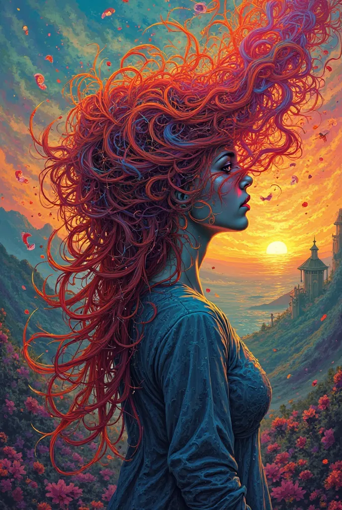 Symbolism, multicolor, psychedelic, sunset, very messy red hair woman 