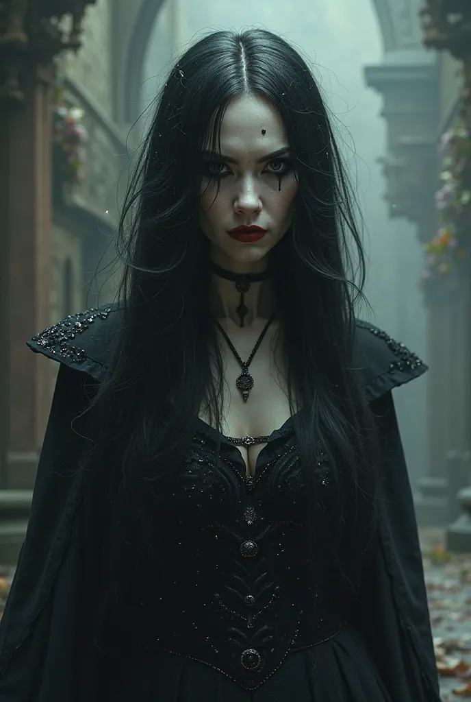 a woman that looks like the witch from white as snow but with black hair and bigger head (bigger, wider forehead) and hanging cheeks 