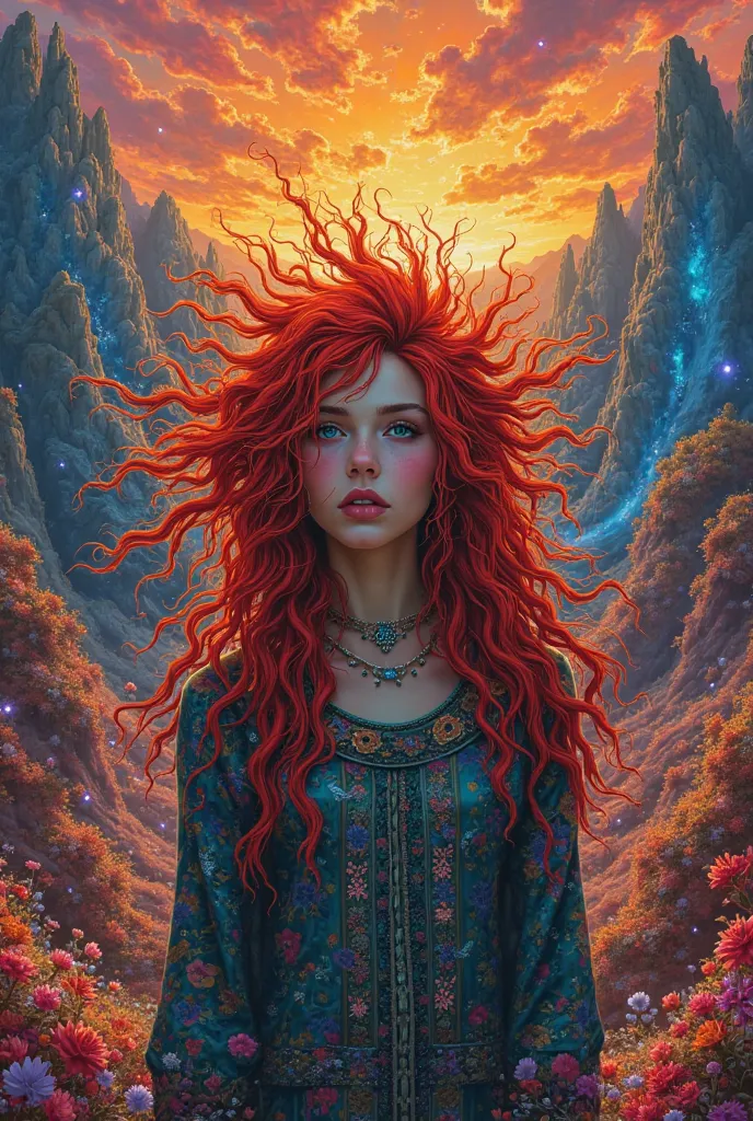 Symbolism, lots of colors, psychedelic valley, sunset, very messy red hair woman 