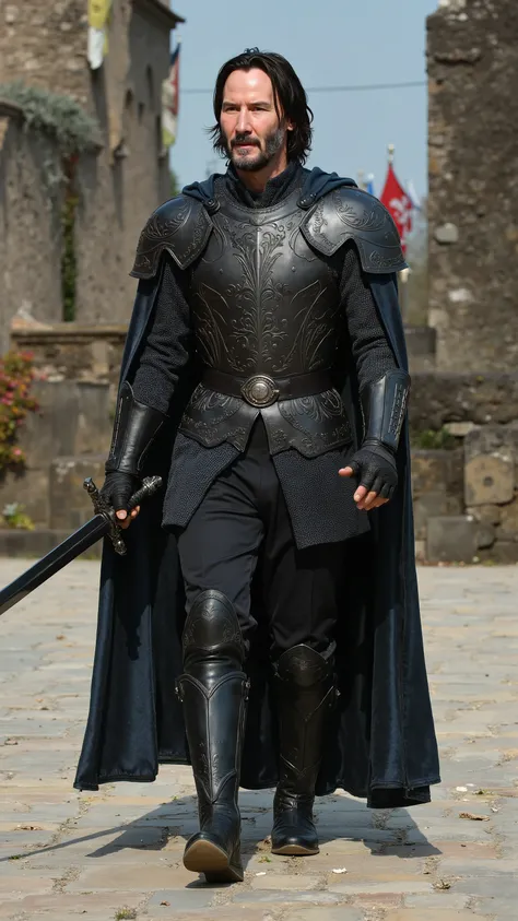 Keanu Reeves reimagined as a knight walking and holding sword、dramatic atmosphere, 1 male、
He has short, dark hair and piercing dark brown eyes beneath furrowed brows.
He wears an elegant, tailored black leather doublet, embroidered with fine silver and d...