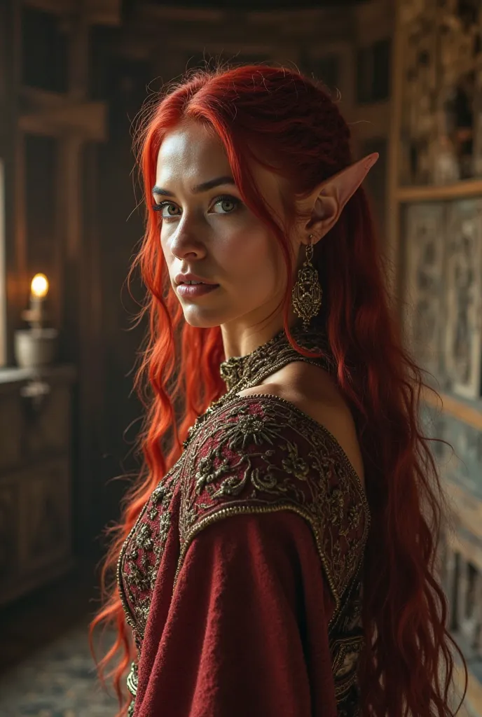 Upper body shot, North African woman, pointed elf ears, caramel skin, blood-red hair, closed mouth, ancient Nordic noble attire, Nordic jewelry, dynamic pose, complex fantasy character, NSFW, cinematic lighting, fantasy, magic, detailed background, in an a...