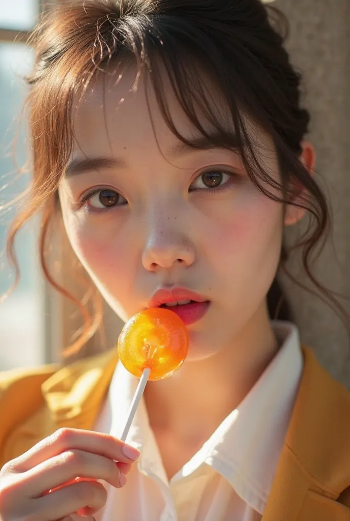 High Fashion very cute japanese woman Photography, Model Close-Up, Eating Lollipops, Intense Sunlight with Soft Shades, Glossy and Textured Skin with Subtle Highlights, Soft Gradation Background, japanese Idol Style Model With Autumn School Uniforms, Perfe...