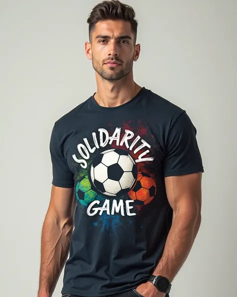 I want a t-shirt model with the “Solidarity Game” logo printed. With soccer balls