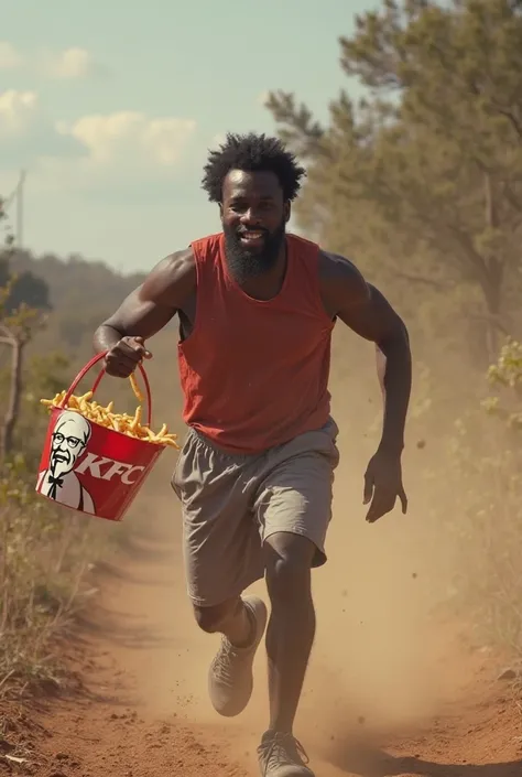 Create me a photo of a black man running away from his master with a KFC basket