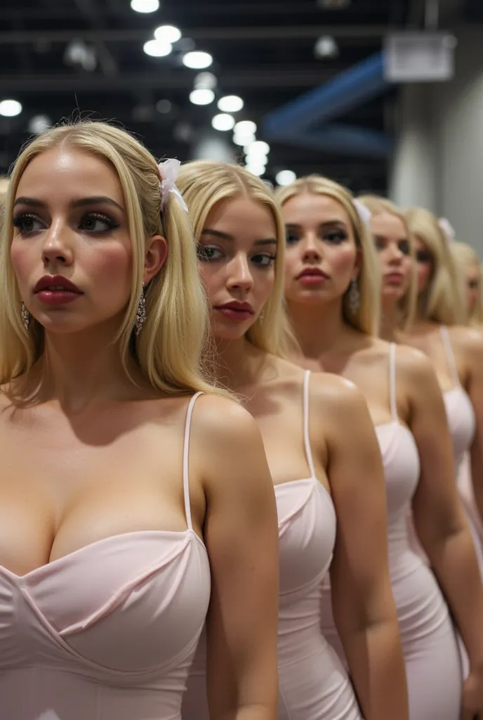 4k photograph of a row of cloned bimbos standing in a line. Serious face. Bimbos standing in a line at an expo. They all look the same. They are clones. Her arms are at her sides. scene from a movie, wearing a strapless dress, sfw cleavage, no nipples, mod...