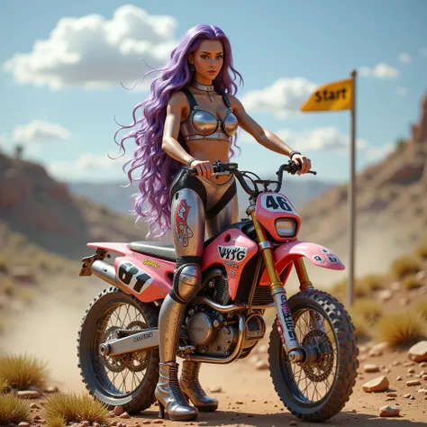 (background, a dirt track, dirt track, a woman, a VARG dirt bike,), (the woman and the bike, stopped at the finish line, at the start, on the road, it says: start), (the woman, age 23, long wavy purple hair, a beautiful face, size 3 B cup breasts), (wearin...