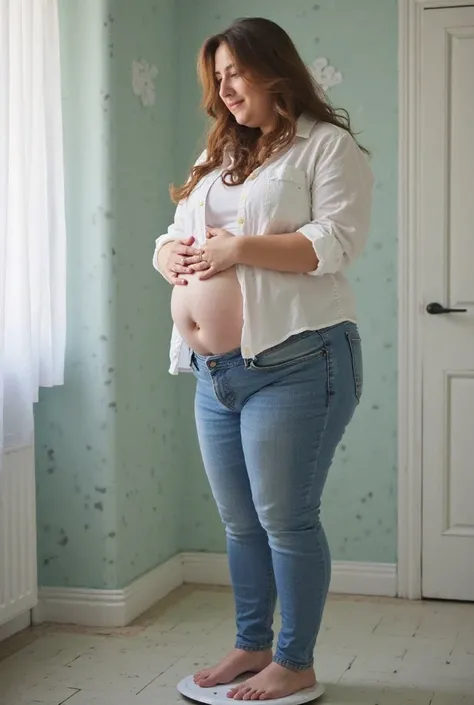 A young woman standing on a scale in a bathroom. The woman is dressed in a white buttoned shirt and blue jeans. She is holding her belly as it bloats outwards, stretching her clothes to the point they don't fit her anymore, as the buttons on her shirt and ...