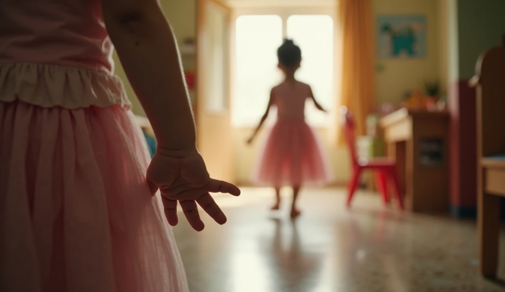 low angle shot, a mother walking away, seen from a little person point of view. The mother is slightly blurred in the foreground, her pink dress gently floating behind her as she moves and walk toward the exit door of the daycare room. a little person hand...