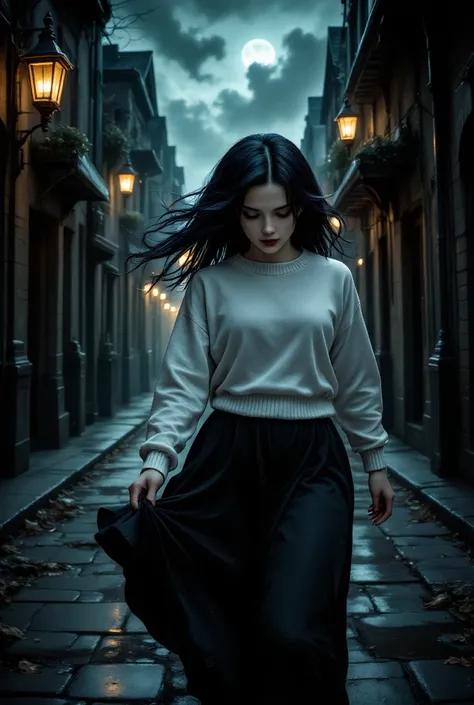 {{A ((surreal and haunting)) depiction of {an 18-year-old girl walking through an abandoned street, battling an overwhelming gust of wind, her long black hair thrashing violently in all directions, wearing a white sweater and a long black skirt}}} with {((...