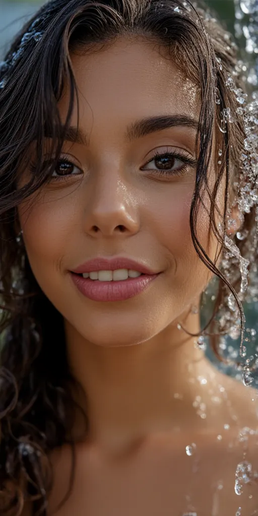 Hyper realistic eye level exterior photo Create a photorealistic, healthy Brazilian female model in her early 20s. Water cascades onto her hair and face, leaving glistening droplets and streams elegantly flowing down her skin. She wears a subtle, satisfied...