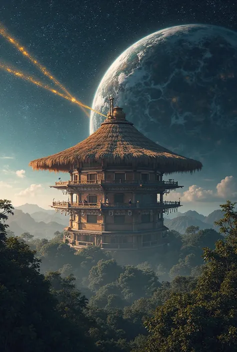 Ultra-realistic Palapa A1 satellite emitting golden signal beams over Indonesia, Earth’s curvature in view, starry backdrop, UHD 592x1024 [9:16].  