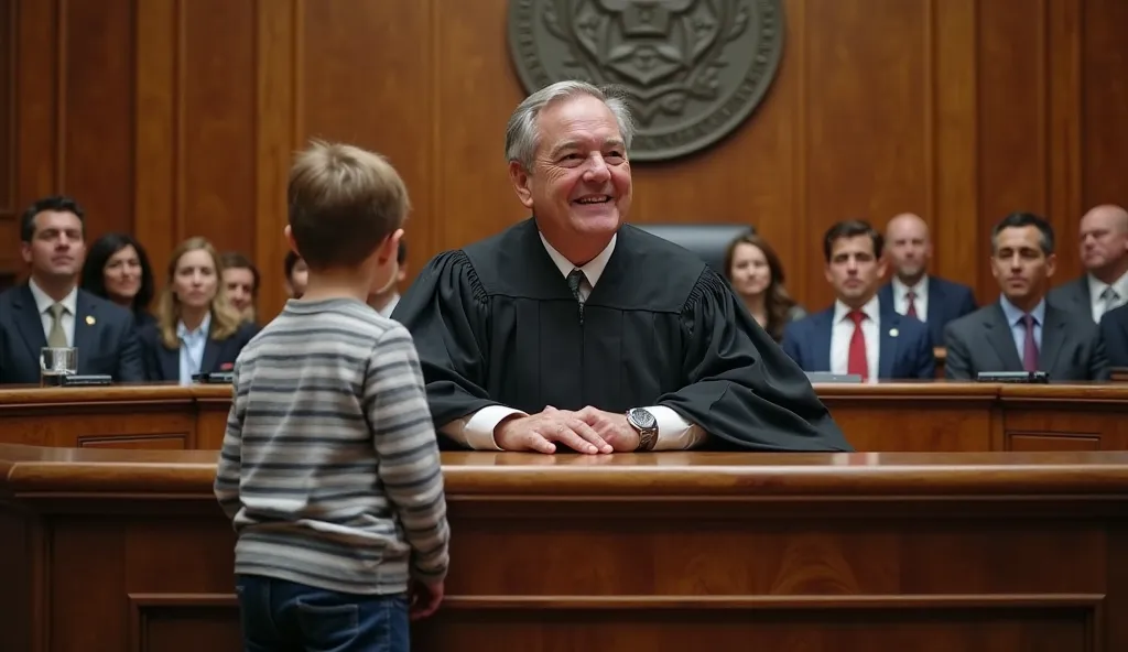 A courtroom scene featuring a smiling judge in a black robe sitting behind a wooden bench. The judge is an older man with gray hair, exuding warmth and kindness. In front of the judge, a young boy in a striped long-sleeve shirt stands at the bench, looking...