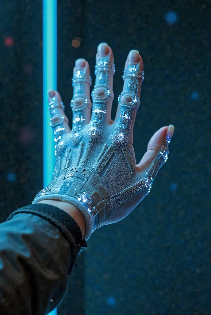 Fine technological glove with bio-luminescent light effects, with human skin print 