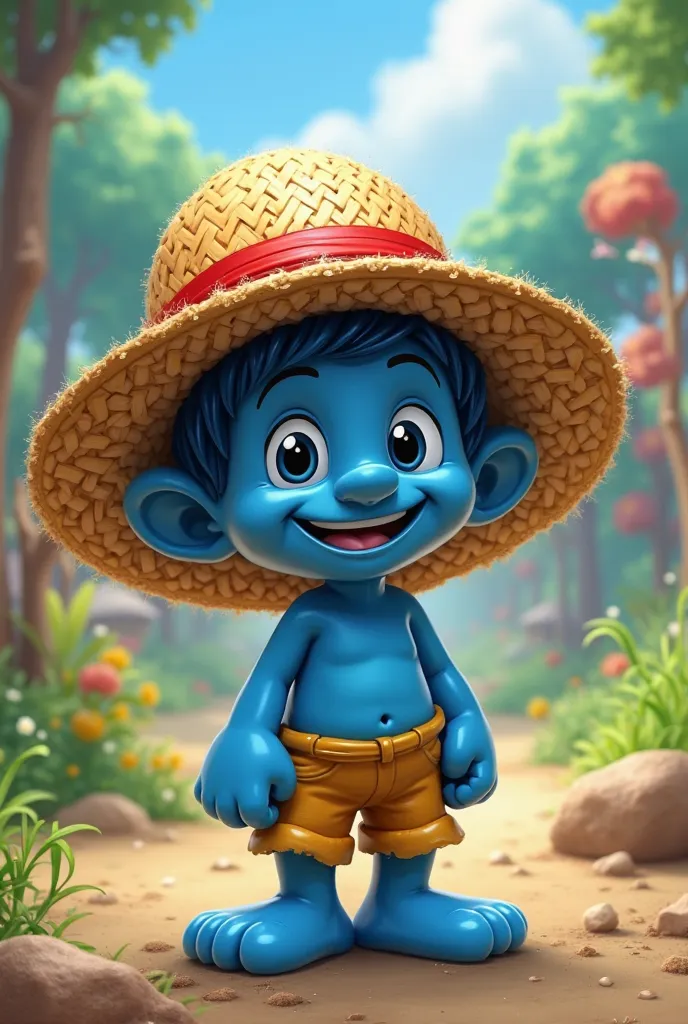 A smurf with Luffy's hat