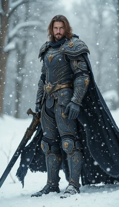 A man with shoulder-length brown hair,  short beard , Muscular, Young, sexy fractal armor , voluminous black cape, Levitating, hair holding a large obsidian sword, full body, greater detail, masterpiece, 8k, snow environment