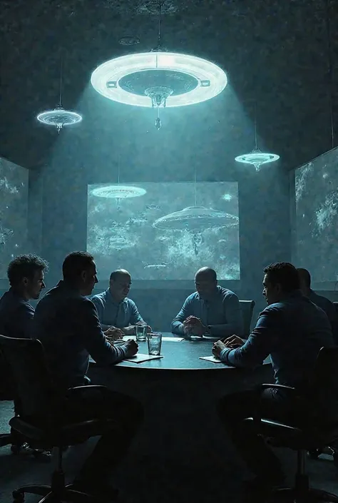 Governos e Conspiração”
🔹 Descrição: A dark meeting room, where dark figures argue around a table illuminated by holographic screens, displaying images of UFOs and drones.

📌  Justification : Represents the possible manipulation of information by global el...