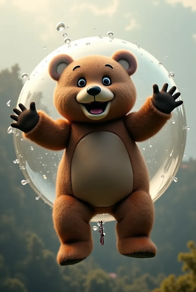 This bear mascot is stuck inside of a helium plastic bubble suit that is full of helium and he is panicking while floating away in the sky.