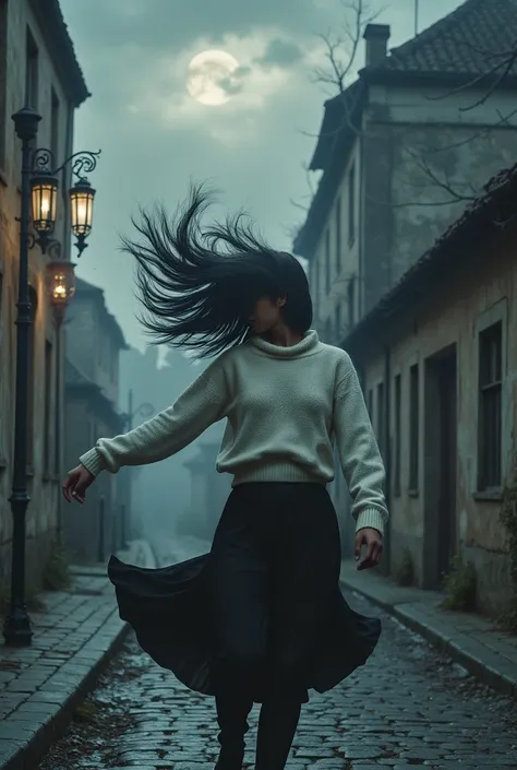 {{A ((surreal and haunting)) depiction of {an 18-year-old girl walking through an abandoned street, battling an overwhelming gust of wind, her long black hair thrashing violently in all directions, wearing a white sweater and a long black skirt}}} with {((...