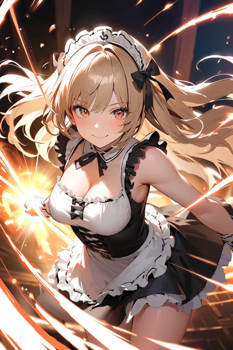 1 girl, (cute face), ager, (long hair), (smiling:1.2), medium breasts, slim, (wearing battle maid outfit), short skirt, (black lace accents), 
BREAK 
fantasy battlefield, magical aura, (holding a strike weapon:1.2), surrounded by glowing energy, (action po...