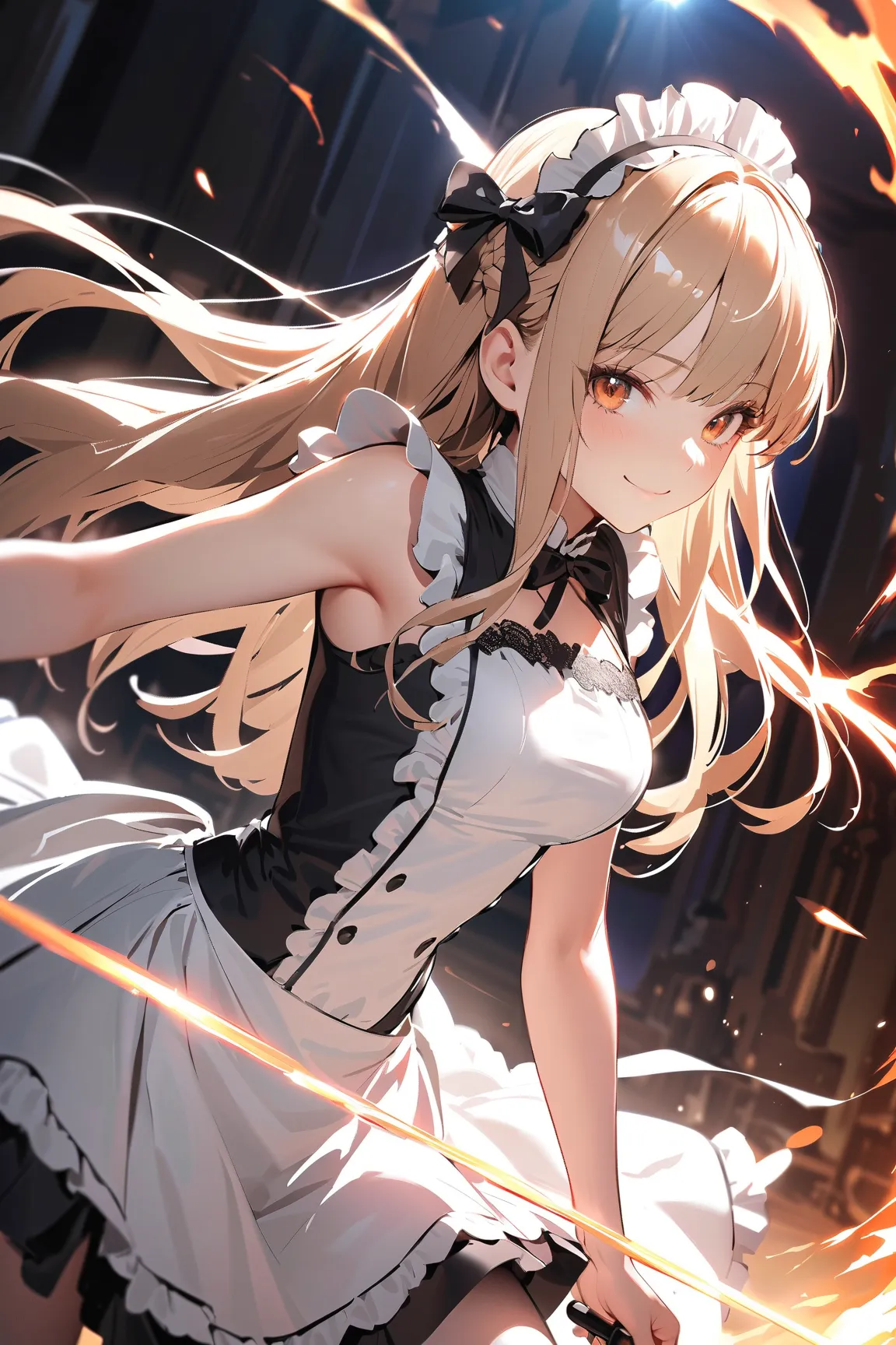 1 girl, (cute face), ager, (long hair), (smiling:1.2), medium breasts, slim, (wearing battle maid outfit), short skirt, (black lace accents), 
BREAK 
fantasy battlefield, magical aura, (holding a strike weapon:1.2), surrounded by glowing energy, (action po...