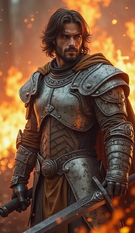 A man with shoulder-length brown hair,  short beard , Muscular, Young, sexy fractal silver armor, bulky brown cover, hair holding a large obsidian sword, full body, greater detail, masterpiece, 8k,  in the midst of the flames.