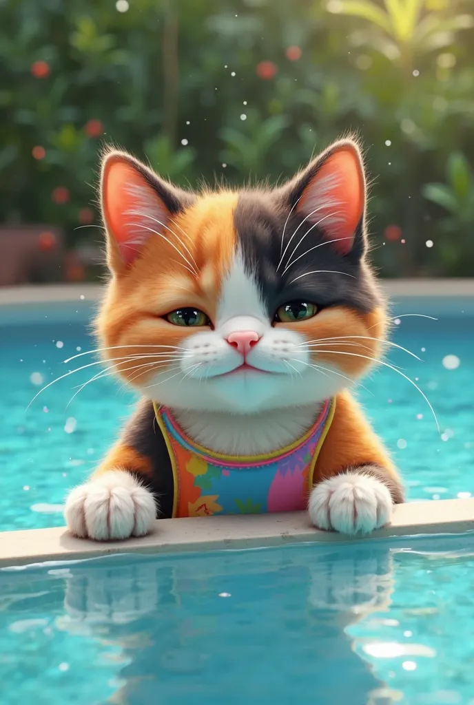 Color black calico cat wearing a swimsuit in a swimming pool