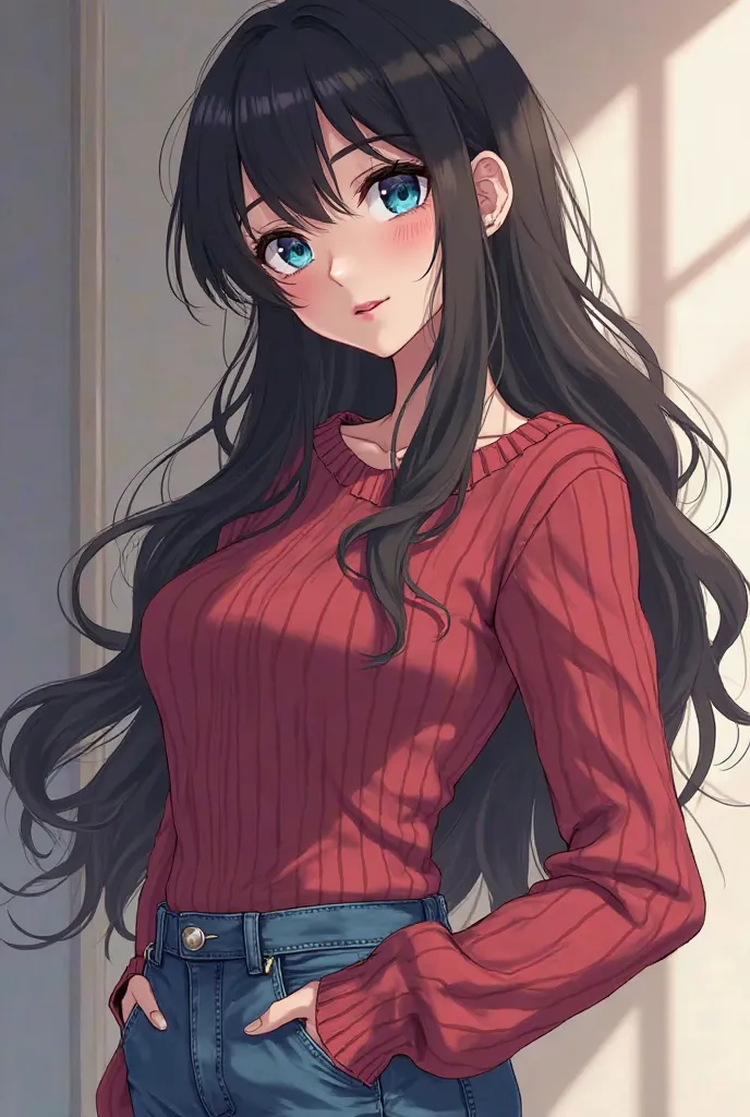 Japanese American anime girl named "Kira",long black hair falls in loose waves down her back, framing her heart-shaped face with bright blue eyes. Her skin is looking especially radiant today, with a touch of blush on her high cheekbones. She went for a bo...