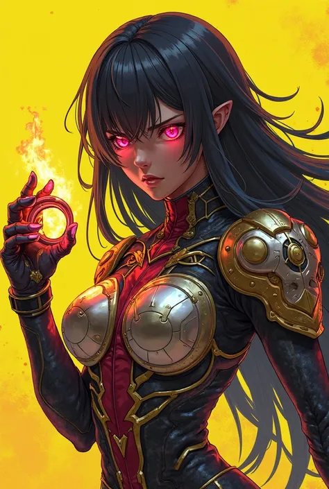  incredibly absurdres, masterpiece, absurdres, high quality, Anime warrior girl, dark skin, glowing pink eyes, long black hair,wearing hand knuckles , intricate armor, futuristic cyberpunk design, gold and red accents, knuckles , metallic details, ((flamin...