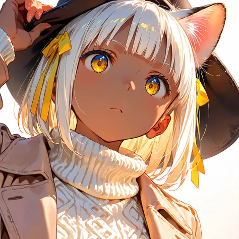 masterpiece, best quality, 1girl, bob, blunt bangs, white hair, golden eyes, dark skin with white cat ears, no human ears, 15-year-old, hair ribbon, hat, coat, sweater, white background, hyper detailed, anime, (hard-edged:1.4), golden ratio, highly saturat...