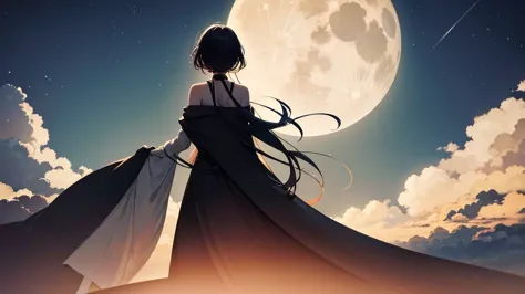 Highest quality,Big moon and shadow,A silhouette of a person can be seen against the backdrop of a large moon.,There is one full moon,There is a mood, beautiful scenery,starry sky