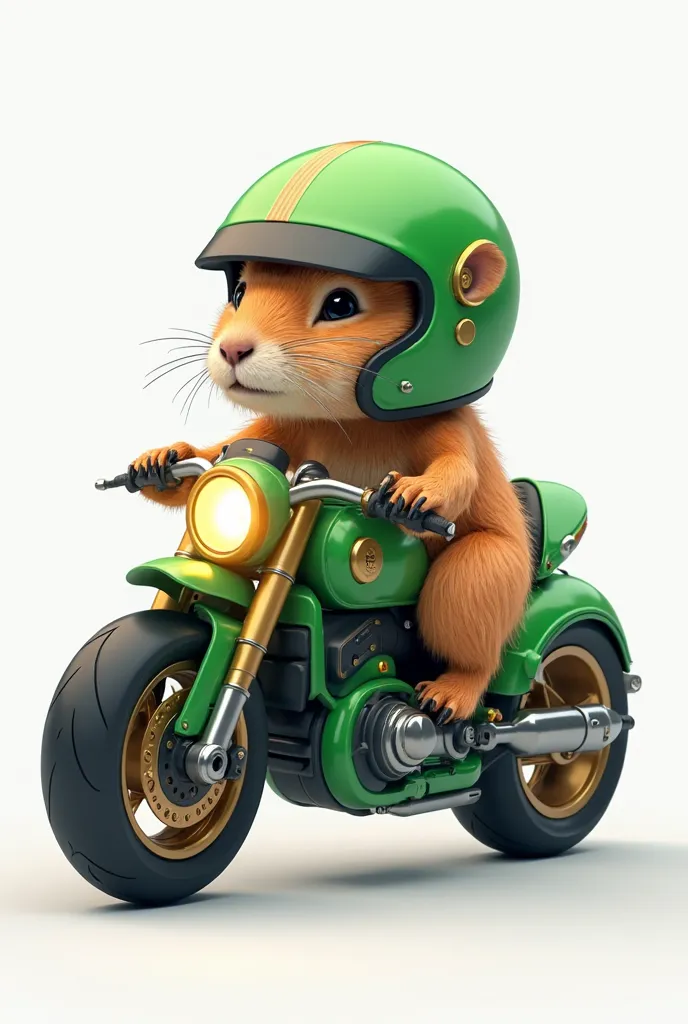 Create an image on a white background of a capybara driving a linear pulsar motorcycle or beautiful green ninya , kawai-style or disney , The capybara with its green Raptor helmet and beautiful, The image has to be elegant and eye-catching and the bike has...