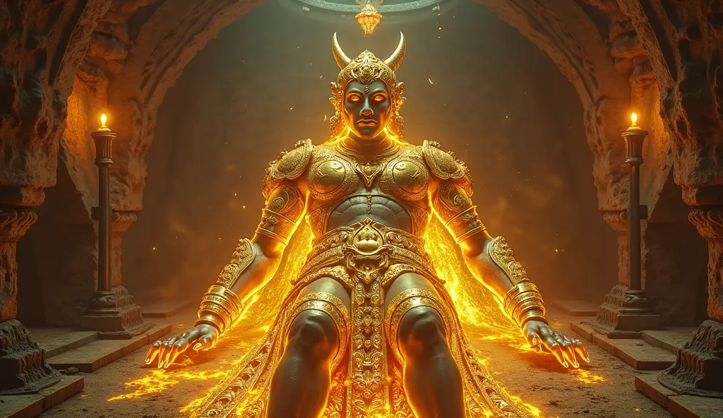 A heavily guarded underground vault with a glowing, untouched body of Ravana, covered in golden armor. Ultra HD 4K cinematic realism.