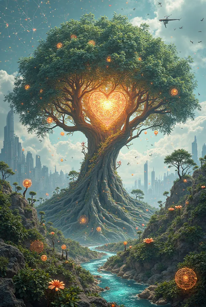 Create a visually stunning and highly detailed scene of **'The Energy Nexus'**—a colossal, ancient tree standing at the heart of a futuristic, symbiotic ecosystem. The tree's massive roots dig deep into the earth, glowing with veins of bioluminescent energ...