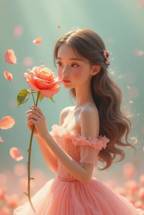 Little Barbie blows in a rose dress brunette looks straight