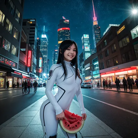 1 girl, solo, long black hair, standing, (futuristic city), turning around, emerald eyes, white cybernetic enhanced body suit, middle ages, long sleeves, night time, shadow on the figure, smile, laughter, (stary sky), against the background of city buildin...