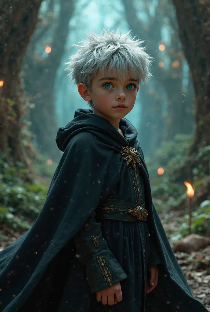 Silver Haired Boy, with a Chris Evans hairstyle., Emerald blue eyes, Wearing a black robe gives a Harry Potter vibe. 3d
