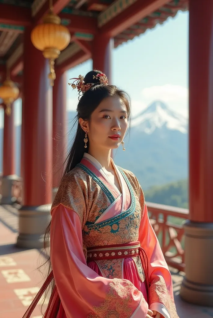 A stunning portrait of a chaoxianzu woman in a beautifully detailed Korean Hanbok, with intricate gold and silver embroidery, vibrant pink, red, and blue colors, and a delicately beaded belt. Her brown hair flows elegantly, adorned with a refined hair orna...