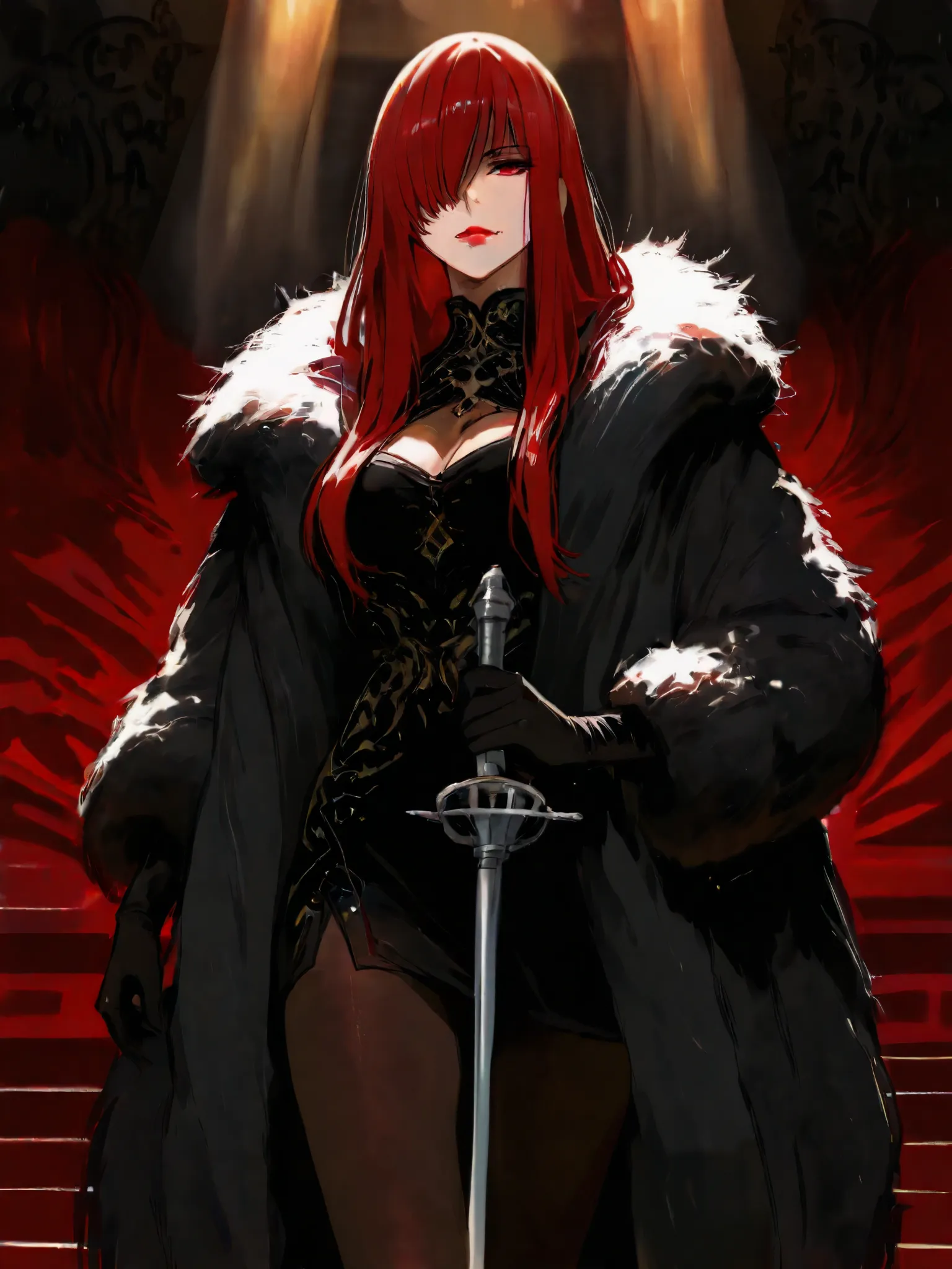 Epiphany, masterpiece, is best,  latest, (See-through Shortened:1.2), alone, 1 Girl, mtsrarena,  red lips, watching the audience,Rapier loom,  long hair, Redhead, hair covering one eye,  red eyes, Fur coat, black tights, black black handkerchief,  black be...