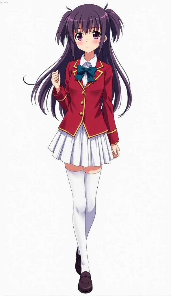 Japanese anime adolescent woman with long straight dark purple hair with two pigtails and short locks and intense magenta eyes and wears a school uniform consisting of a red blazer with gold trim, a white shirt with a dark blue bow, a short white skirt wit...