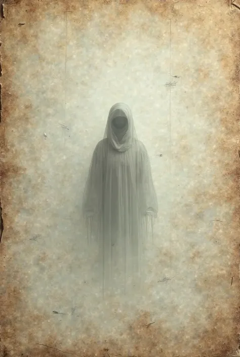 Eerie, transparent specter placed on the underside of a large sheet of clear antique paper, which is empty for a 90%, it will be the background for future content