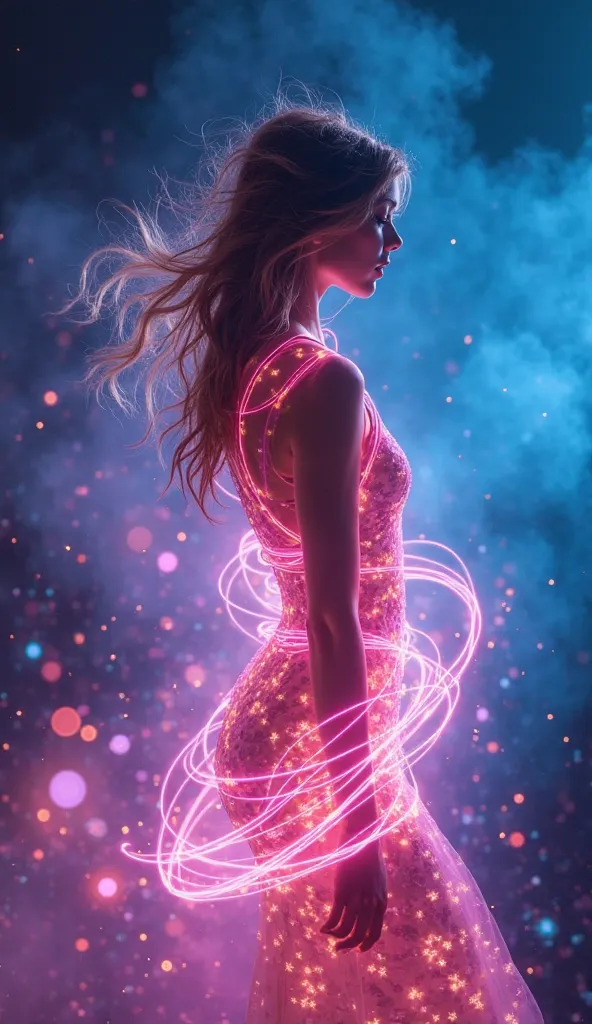 "A mesmerizing display of glowing, ethereal light trails forming a delicate female silhouette. The vibrant neon colors swirl and twist in a hypnotic dance, blending seamlessly against a dreamy bokeh background of soft blues and purples. The energy of motio...