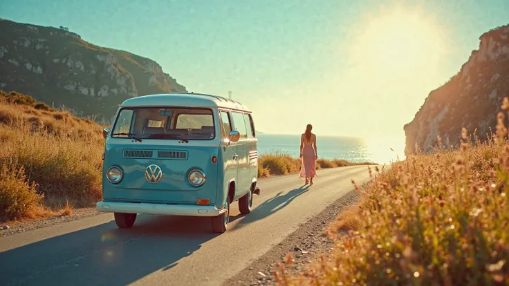 landscape with a blue van, walking on a road with a lush landscape that reminds us of the beach region, a beautiful sunny day and perfect for enjoying and strolling. Sun, sea and joy. Radiating light, vintage elements, warm and vibrant colors, good image q...