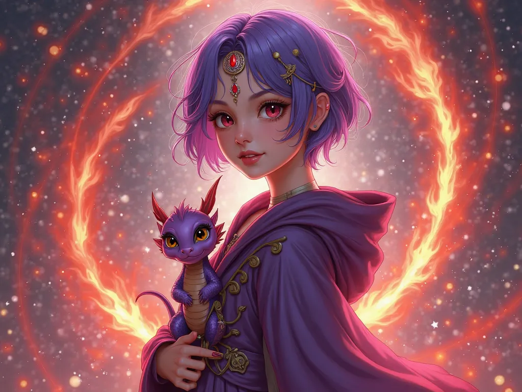 Carrying a small and cute dragon doll on her shoulder , Jewelry on the forehead, Red flames and meteor all around, Female illusionist in her 20s with short purple hair and a robe