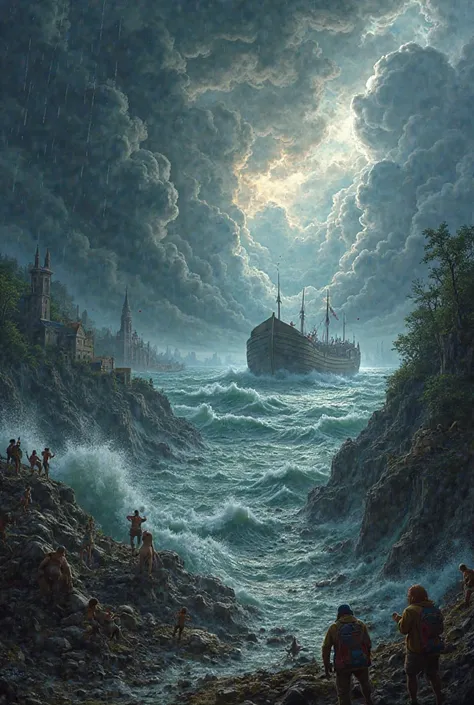 A highly detailed and dramatic digital painting depicting the Great Flood as described in the Bible. The scene shows a massive storm with dark clouds, torrential rain, and enormous waves engulfing cities and forests. People and animals struggle against the...