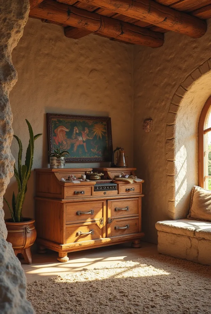 Interior of Pedro Flintstone's house, with prehistoric but very light decoration,  and a stone as a cabinet furniture measuring one meter high with a telephone placed on the side , with main lighting coming from above, hyperrealistic quality and large size...