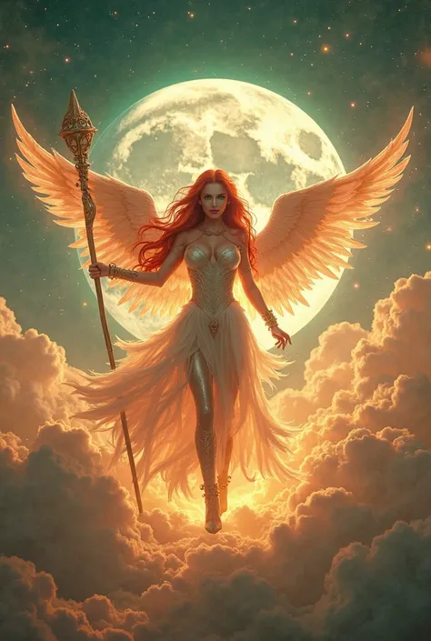 In the celestial expanse of fantasy heaven, a majestic Aasimar sorceress stands tall, bathed in divine light, as she unleashes a blazing spell. Set against a panoramic backdrop of a full moon, twinkling stars, and wispy clouds, her figure is rendered in ph...