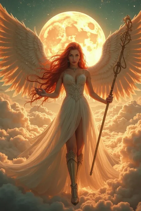 In the celestial expanse of fantasy heaven, a majestic Aasimar sorceress stands tall, bathed in divine light, as she unleashes a blazing spell. Set against a panoramic backdrop of a full moon, twinkling stars, and wispy clouds, her figure is rendered in ph...